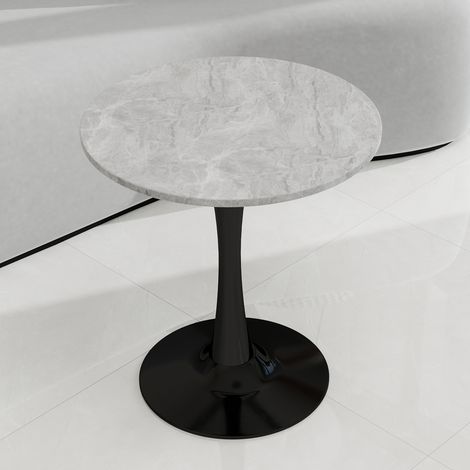 Table basse noire 27,6 pouces style mid-century,plateau rond marbre gris clair veiné,design polyvalent pour intérieur contemporain.