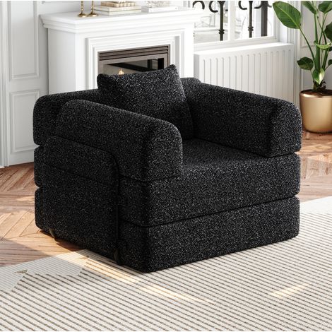 Divano letto singolo in ciniglia nera con vano nel bracciolo, struttura in acciaio OKWISH (1/5)