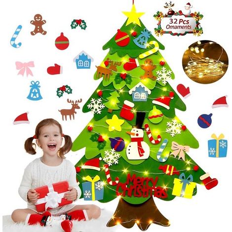 Sapin de Noël en feutrine - Sapin de Noël lumineux - Sapin de Noël en feutrine pour enfants avec 32 décorations - Cadeau pour enfants avec guirlande lumineuse - 100 cm (1/5)
