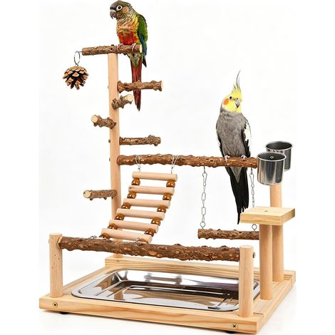 Aire de Jeux pour Oiseaux en Bois Naturel avec Perchoirs Échelles et Plateforme d'Entraînement (1/5)