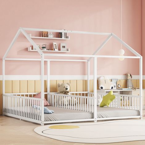 Lit superposé pour enfants 90x200 cm - Lit à deux niveaux avec échelle - Modèle de maison avec garde-corps - Sans matelas - Blanc (1/4)
