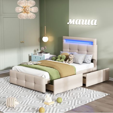 Letto imbottito classico 90x200 cm beige con LED, 2 cassetti e rete a doghe (1/5)