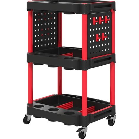 Carro de herramientas de 3 niveles con panel lateral perforado, 10 ganchos, plástico, negro, HOMVRA (1/5)