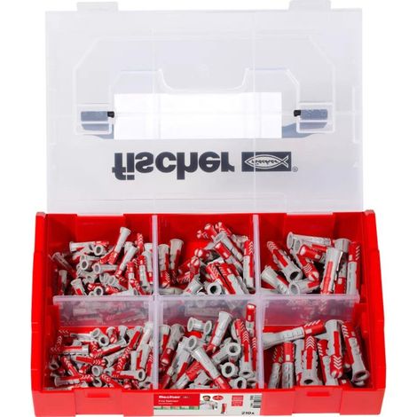 Fischer – Coffret FixTainer 210 chevilles DuoPower 6x30/8x40/10x50 – Pour béton armé et supports variés – 120 pièces – Couvercle transparent