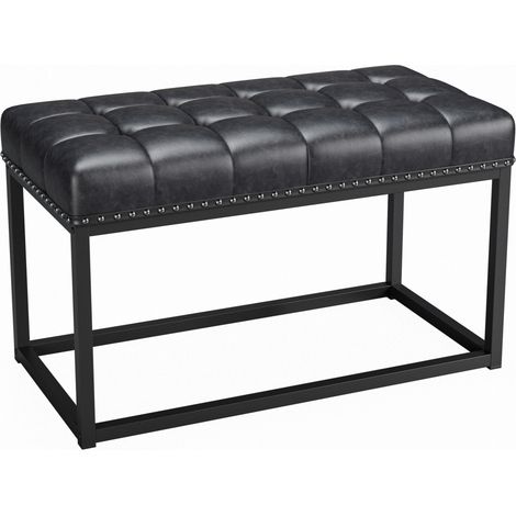 Vintage Polsterbank 90 cm aus schwarzem Kunstleder mit Knöpfen und Metallgestell MODENUIT (1/5)