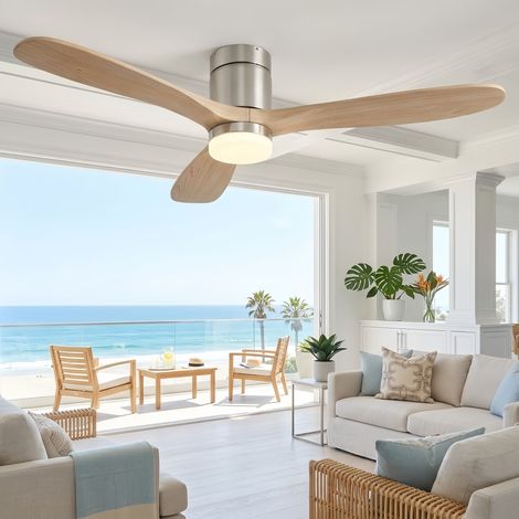 Ventilador de techo con luz LED 132 cm, 3 aspas de madera maciza natural, lámpara ventilador silencioso con mando a distancia, motor DC 52" (1/5)