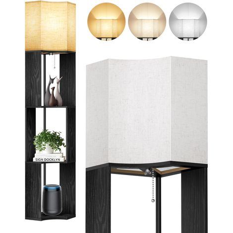 Lampadaire sur Pied Salon, Bois avec Étagères, Noir Bibliothèque haute, 3 températures de couleur, LED réglable, lecture, salon, chambre, bureau (1/5)