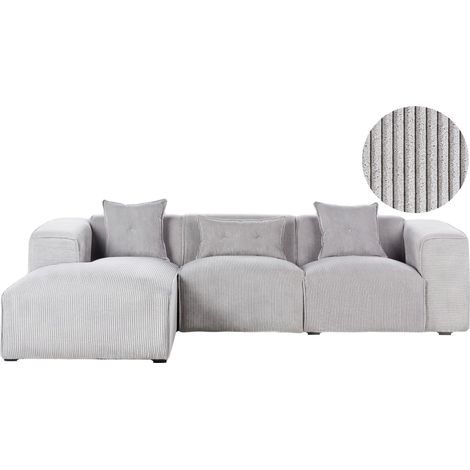 Divano Angolare lato destro in velluto a coste grigio chiaro con cuscini decorativi Dolva (1/5)