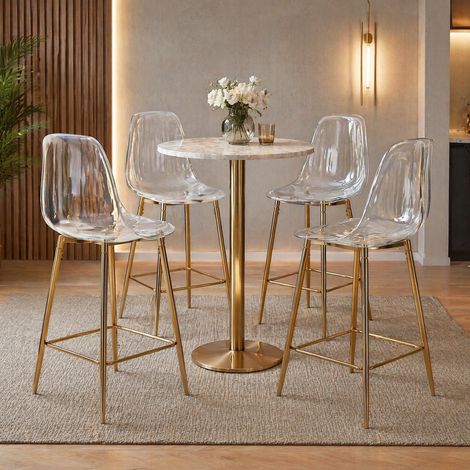 REDOM set di 4 sgabelli da bar trasparenti, design moderno, con poggiapiedi, plastica e struttura in metallo, oro (1/5)