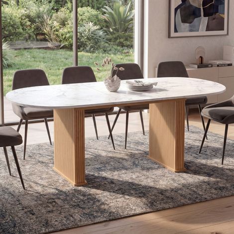 JULIETTE mesa de comedor extensible ovalada 6-10 personas patas de listones de roble tablero efecto mármol 160-200 cm (1/5)