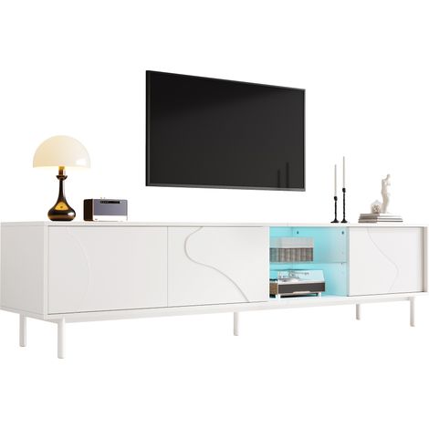 Mobliva Meuble TV blanc à trois portes coulissantes, MDF blanc, étagère en verre, éclairage LED contrôlé par application, pieds fins en acier, meuble de rangement minimaliste pour salon (1/5)