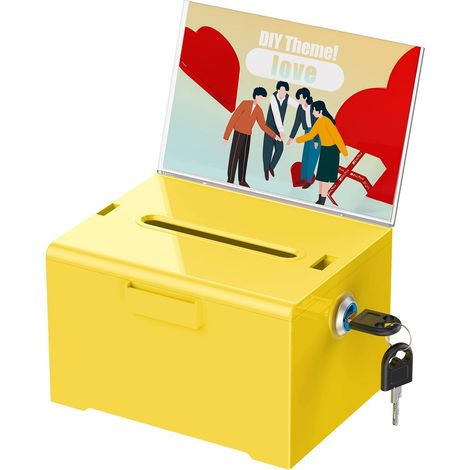 Boîte à dons en acrylique avec serrure et porte-pancarte jaune avec fente en plastique, boîte à suggestions, boîte à conseils, boîte de rangement pour espèces (1/5)