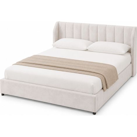 Doppelbett 180 x 200 cm aus Flanell, mit Gepolstertem Kopfteil und Lattenrost, ohne Matratze, Beige (1/5)