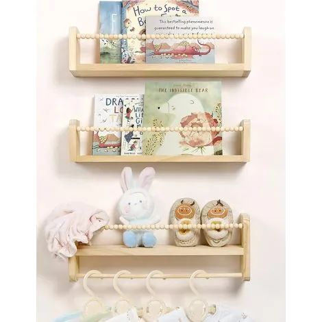Étagères murales flottantes pour chambre d'enfant, ensemble de 3 étagères à livres en bois naturel, organisateur mural avec barre porte-serviettes, étagères suspendues, décoration pour chambre d'enfan (1/3)