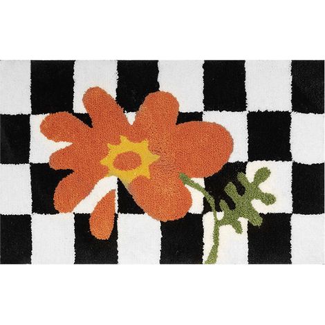 Tapis de porte à carreaux antidérapant noir et blanc, joli tapis de porte pour salles de bains, cuisines, salons, fleurs orange, 50 x 80 cm (1/5)