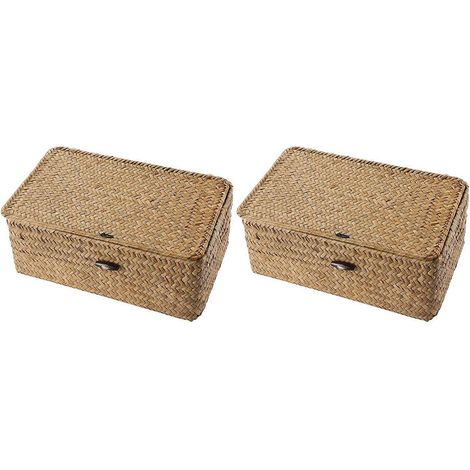 Lot de 2 paniers de rangement en rotin, panier en paille et algues, panier de rangement tressé à la main, récipient multifonctionnel avec couvercle (10 cm) (1/5)
