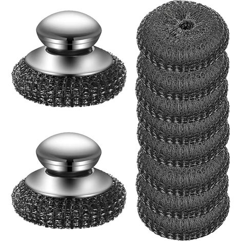 Brosse à vaisselle - Brosse de cuisine - Lot de 2 brosses à vaisselle avec manche - Lot de 8 éponges lavables en acier inoxydable - Réutilisables - Outil de nettoyage - pour casseroles, poêles, grils, (1/4)