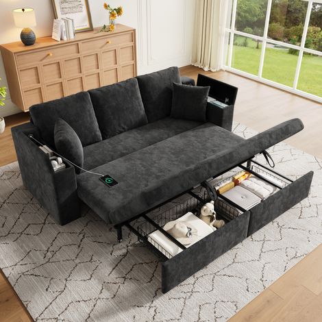 Sofá cama 3 plazas 3 en 1 con arcón de almacenamiento, puerto USB, chenilla gris, OKWISH (1/5)