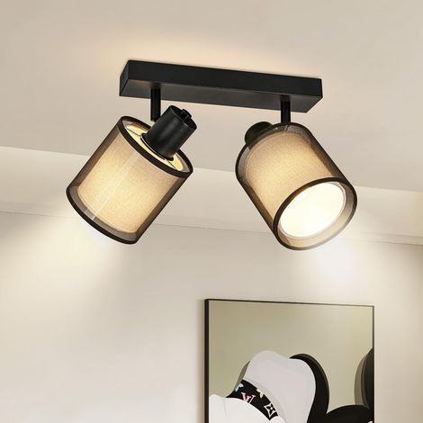 Ceiling Light with 2 Adjustable Spotlights, Black Metal, Fabric Shade, 350° Rotation, E14, Living Room Kitchen (1/5)