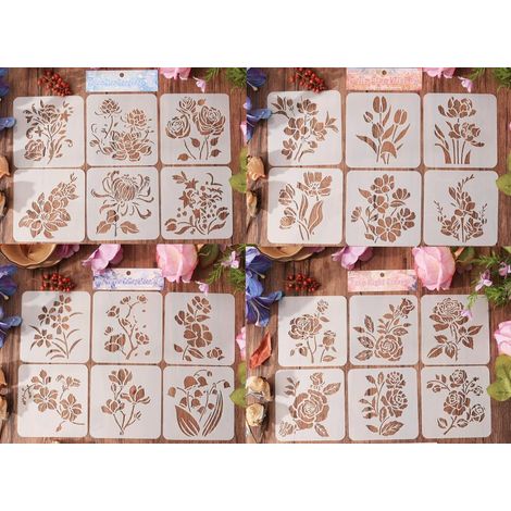 24 Pièces Pochoirs pour Peinture, Pochoir Scrapbooking Peinture, Pochoir Dessin Enfant, Modèles D'art de Oeinture de Copie Multi-Styles, pour Carte Journal Scrapbook (Fleurs) (1/5)