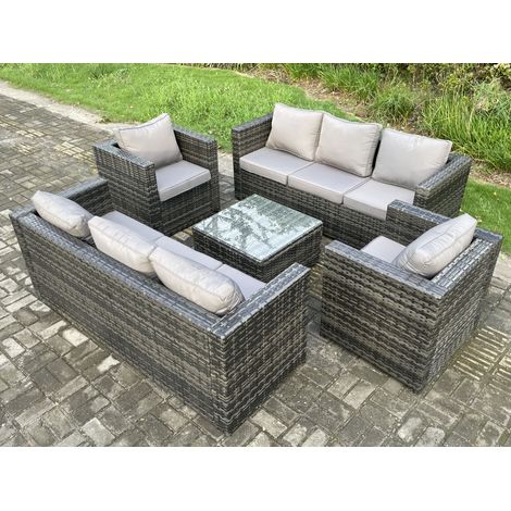 Fimous Rattan Garden Furniture Set 8 Seater Patio Outdoor Lounge Sofa Set with 2 Armchairs Square Coffee Table Dark Grey Mixed (1/5)