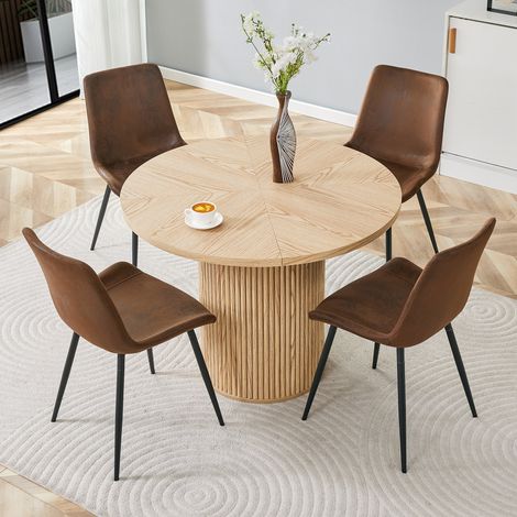Set Esstisch und 4 Stühle, mit Ergonomischer Rückenlehne und Runder Tischplatte, MDF Metall Stoff, Naturholz Braun Schwarz (1/5)