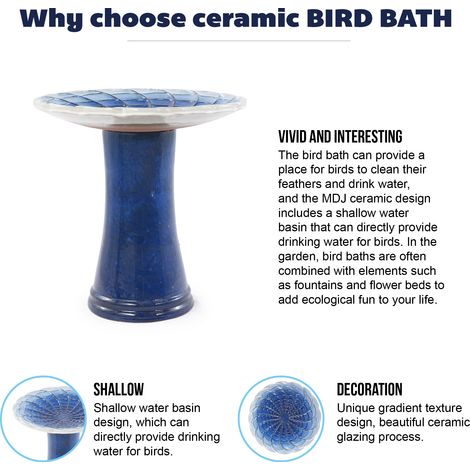 Baignoire pour oiseaux en céramique faite main, dégradé bleu roi et blanc émail brillant, relief écailles radiales, résistante au gel, diamètre 43 cm hauteur 45 cm, jardin, terrasse et balcon (1/5)