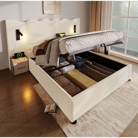 Cama 180x200 cm de tejido de pana beige-blanco con cabecero ondulado, lámpara de lectura, USB-C y almacenamiento (1/5)