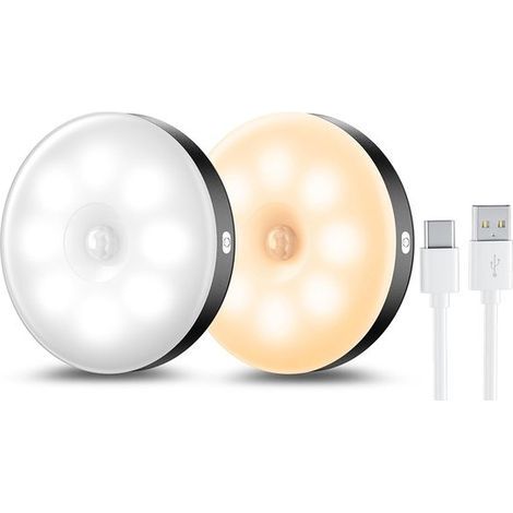 Longziming – 2-teiliges LED-Nachtlicht mit Bewegungssensor – USB-aufladbar – 3 Lichtfarben – Automatische Ein-/Ausschaltung – Für Treppenhaus, Schlafzimmer, Küche und Flur – Schwarz (1/5)