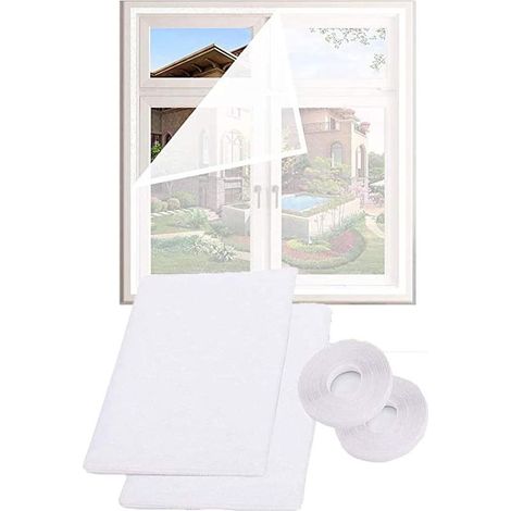 2 Pack Mosquito Net for Windows,Fly Window Screen Mesh Protector with 2 Rolls Self-Adhesive Tapes [10mm Wide] （White) 1.3m x 1.5m (1/5)