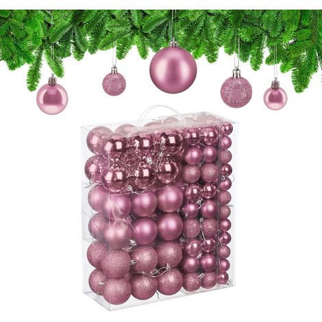 Relaxdays Palline di Natale, Set 138 Palle Albero, Addobbi Natalizi, Sfere in Plastica Opache, Lucide e Glitter, Rosa