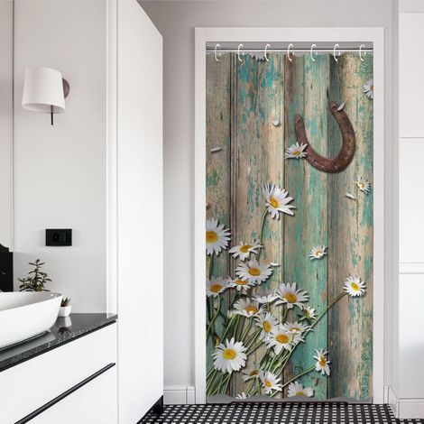 Rideau de douche de style campagnard, décoré de motifs de chevaux et de marguerites, aspect bois de grange turquoise/brun, 91 cm x 183 cm, 12 crochets, décoration de salle de bain vintage. (1/5)