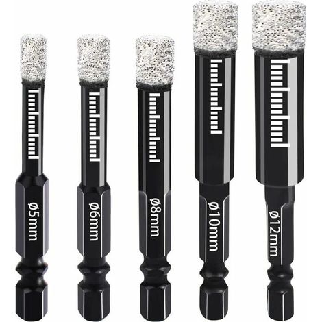 SHINING HOUSE Brocas de diamante de 5 mm, 6 mm, 8 mm, 10 mm y 12 mm Brocas de diamante con vástago hexagonal para cerámica, granito, vidrio, porcelana, azulejos, amoladoras angulares y taladros manual (1/4)