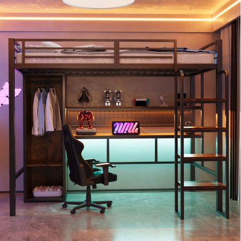 Cama alta metálica 90 x 200 cm negra con escritorio, armario, balda y LED multicolor (1/5)