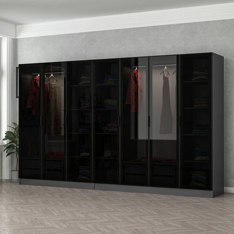 Dressing 7 portes Verre fumé Noir Antipaxos L315xH210cm 2 tringles et 4 tiroirs Anthracite