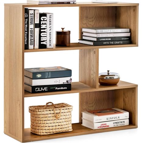 COSTWAY Libreria a Forma Convessa/Concava, Scaffale Aperto a 3 Ripiani in Legno, Scaffale da Esposizione con Dispositivo Antiribaltamento, per Soggiorno Ufficio Camera da Letto (Concava) (1/5)