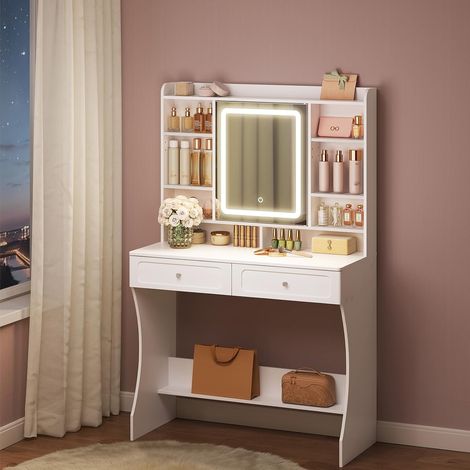 WOLTU Dressing Makeup Table LED Mirrored Jewellery Cabinet 10 Hooks White (1/5)