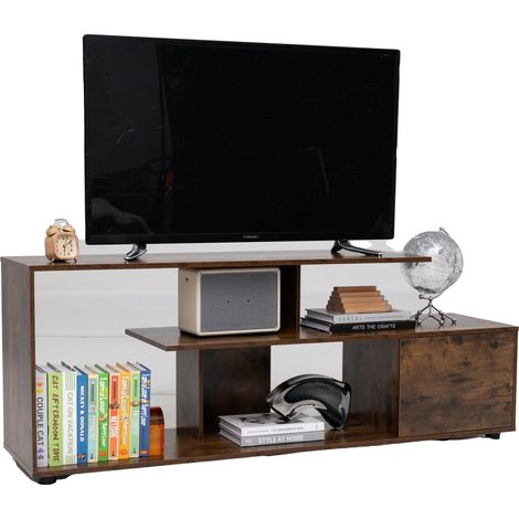 COSTWAY Meuble TV, Meuble Télé pour 55" au Max, Design S, Rangement Ouvert, Grand Compartiement, Petite Armoire à Porte, Meuble TV Moderne pour Salon, Chambre (Marron Rustique)