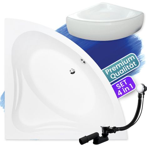 Badewanne Eckbadewanne 140x140  mit AcrylSchürze, Ablaufgarnitur & Füßen GRATIS - Komplettset 4in1 Original Acryl Wanne Siphon - BADLAND MIA