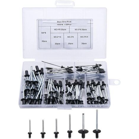 120pcs rivets noirs rivets pop rivets aveugles en aluminium rivets à bride en aluminium rivets à grande tête rivets pop noirs pour meubles assortis M2.4 M3.0 M3.2 M4 (1/5)