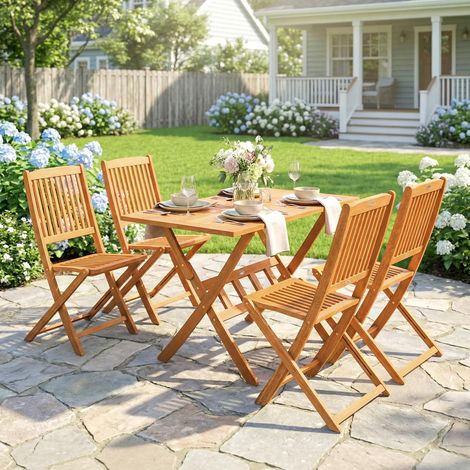 Ensemble meubles jardin Bois sièges FSC table pliante 5 pièces + 4 chaises pliantes design lattes (1/4)