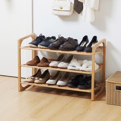 Bambus Schuhbank mit 3 Ablagen und Griff, für bis zu 9 Paar Schuhe, 76x33x51 cm, Natur