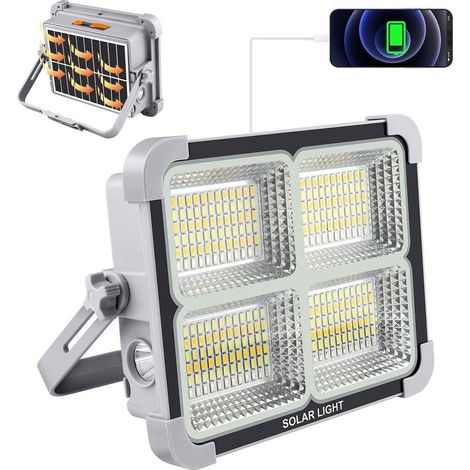 Projecteur LED Rechargeable 150W Portable Lampe Led avec Panneau Solaire 5 modes d'éclairage IP65 Étanche 7200mAh Lumière de USB Travail Lanterne pour Camping, Pêche, Chantier, Garage, Atelier (1/5)