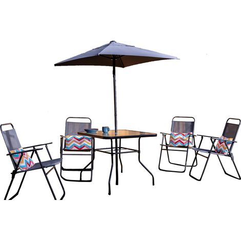 Mobilier de jardin 6 pièces avec table, chaises et parasol (1/5)