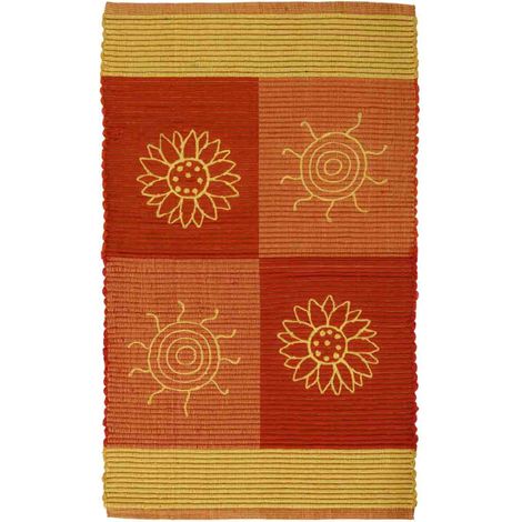 Tappeto SUMMER ARANCIONE disegno sole e fiori 100% cotone annodati a mano, tappetino stuoia bagno multiuso lavabile cm.50x80 (1/3)