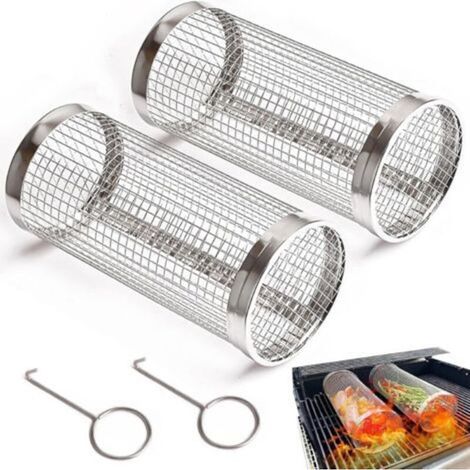 Lot de 2 paniers à griller en acier inoxydable, à roulettes, cylindriques, pour griller des légumes et du poisson (1/4)