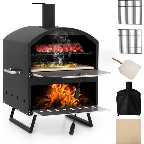 GOPLUS Four à Pizza Extérieur 40CM, Fabricant de Pizza à Bois à 2 Niveaux avec Pierre, Pelle & Grilles, Poêle à Combustion Portable avec Pieds Pliants et Housse pour Camping et Barbecue (1/5)