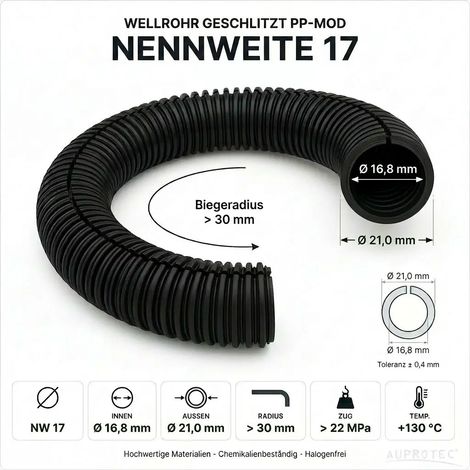 25m PP Wellrohr geschlitzt NW 17 Schwarz Innen-Ø 16,8 mm UV-beständig