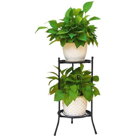 Supporto per vasi da fiori in metallo a doppio strato, robusto supporto per piante in vaso in ferro, nero, per piante da interno e da esterno () (1/4)