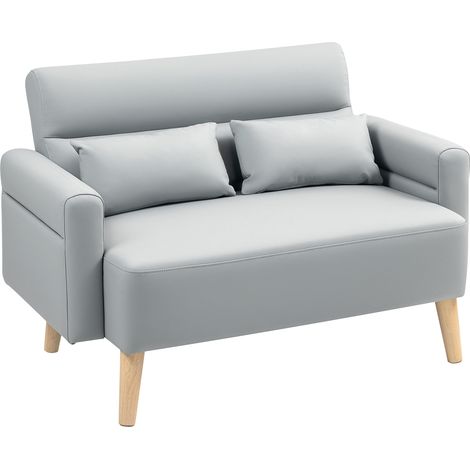 Sofá de 2 plazas con tapicería de piel sintética acolchada y patas de madera para salón, 117x78x78 cm, gris (1/5)
